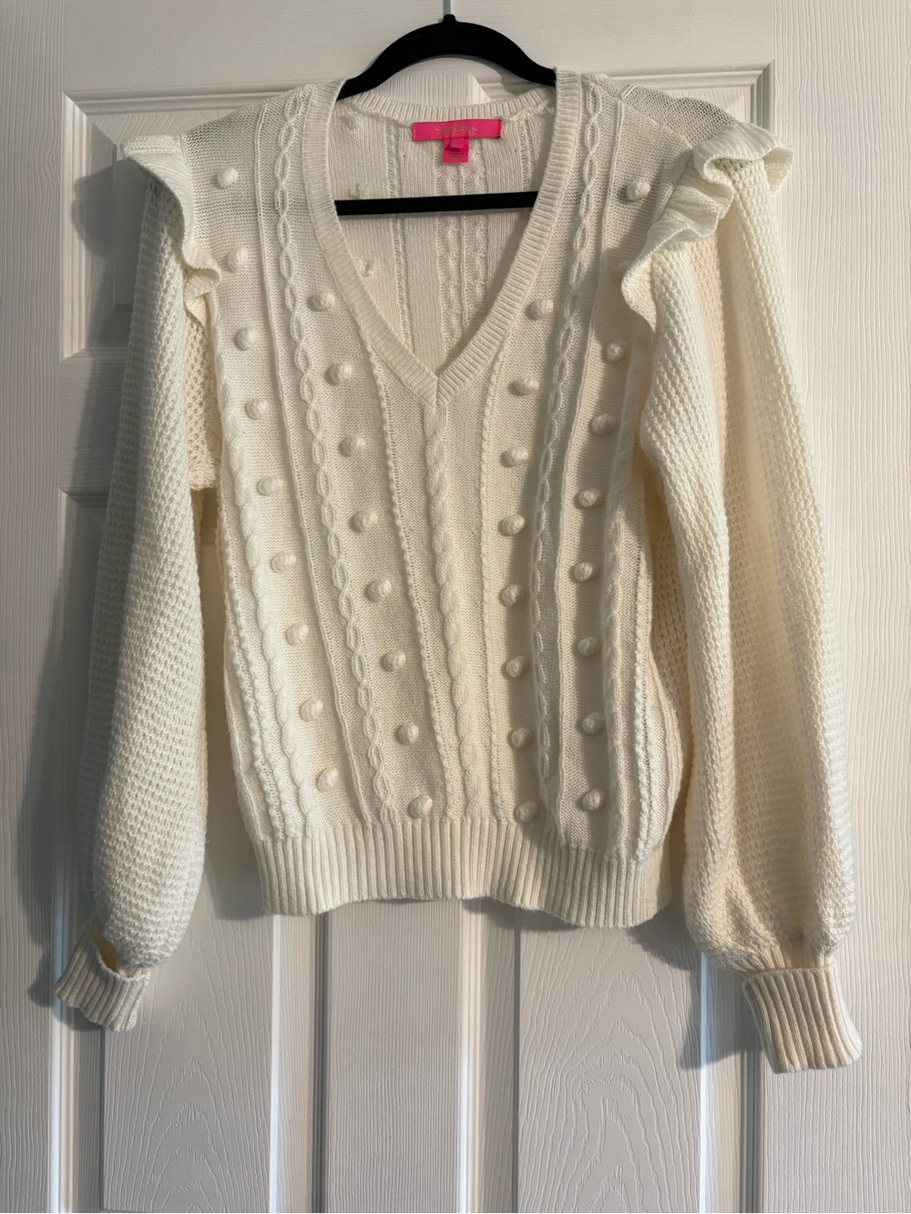 Lilly Pulitzer size medium Kippa V-Neck Cream/Ivory Sweater with Ruffle Shoulder